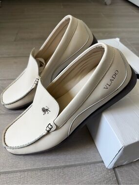 Vlado Men’s Cream Leather Slip-On Loafers- Summer- Resort
